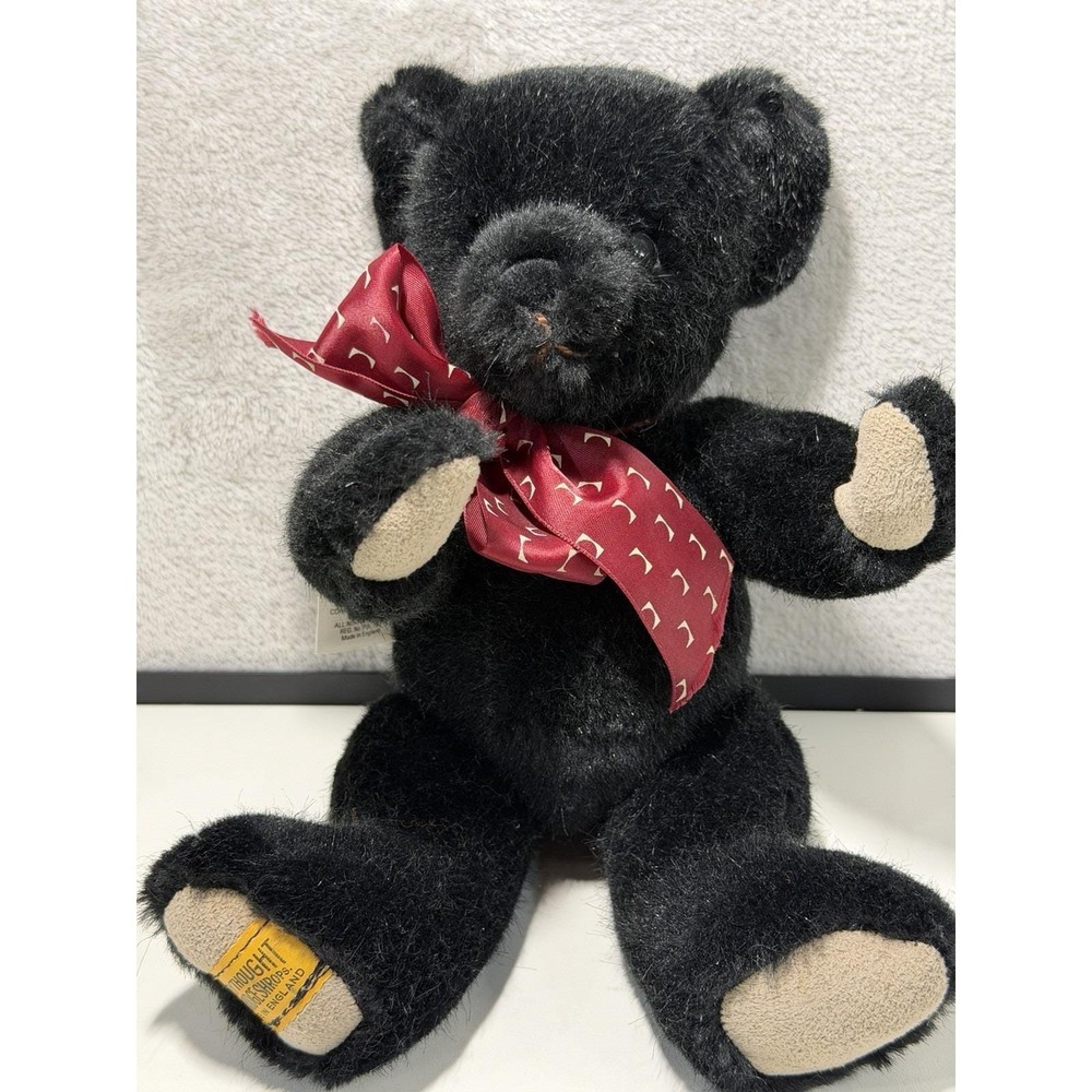 Vintage Merrythought Black Teddy Bear 10" Jointed Made in England Red Bow